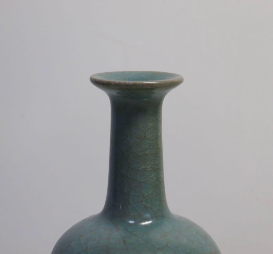 中国　宋時代　天青釉汝窑冰片纹长颈瓶　青磁長頸瓶　七官青磁