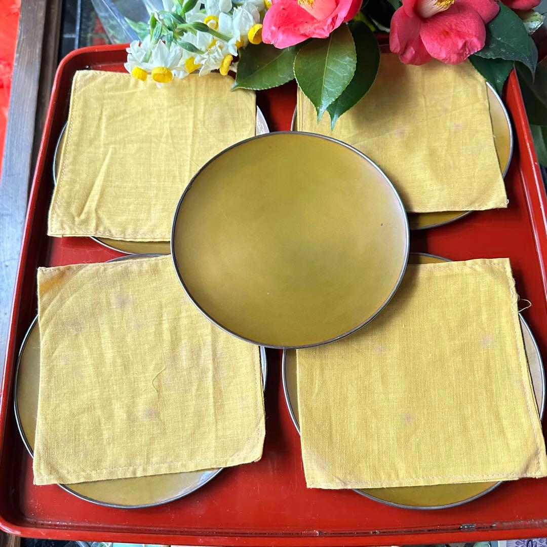 超限定9月10日20時迄‼️愛蔵生駒製松美斎造銀縁黄銅槌目菓子盆G.Ikoma5客