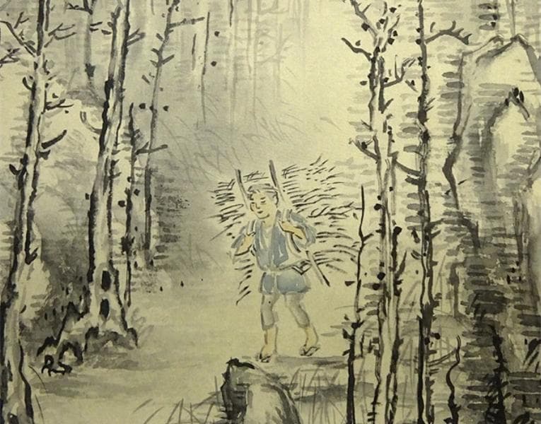 掛軸 山口天童『水墨山水図』日本画 絹本 肉筆 共箱付 掛け軸 a04142