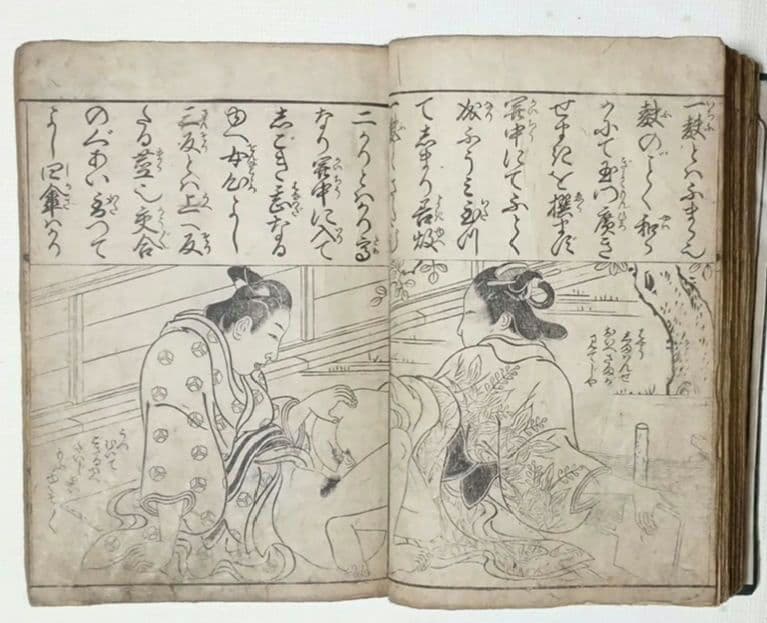 黒摺版画本女大楽寳開（色)月岡雪鼎画 宝暦年間最初4丁8ページ欠け。直し補修有り