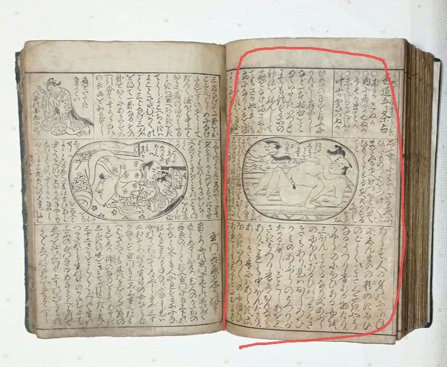 黒摺版画本女大楽寳開（色)月岡雪鼎画 宝暦年間最初4丁8ページ欠け。直し補修有り