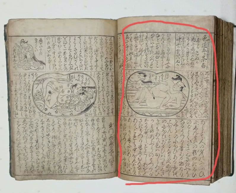 黒摺版画本女大楽寳開（色)月岡雪鼎画 宝暦年間最初4丁8ページ欠け。直し補修有り