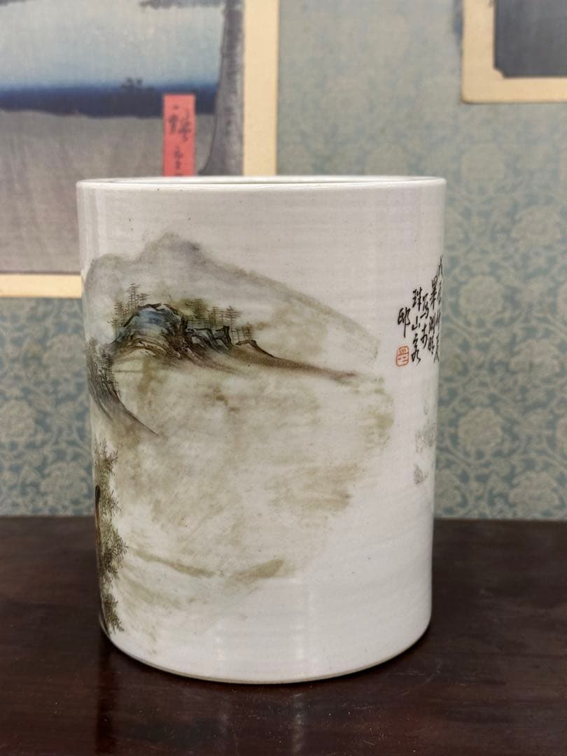 清時代置物　中国美術　古董品　時代物　筆筒焼物