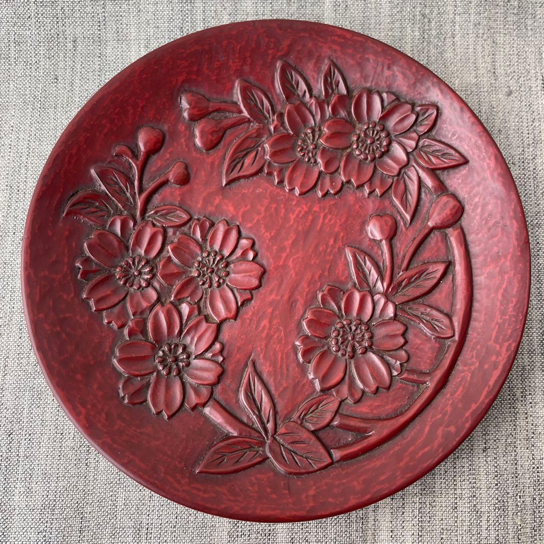 確認用　鎌倉彫　八重桜　サクラ　漆器　木製　木彫り　菓子皿　5寸皿