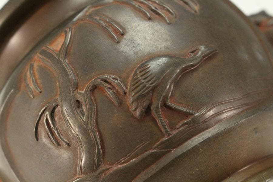 古銅 象耳 花鳥紋 香炉 古美術(K-LC956)