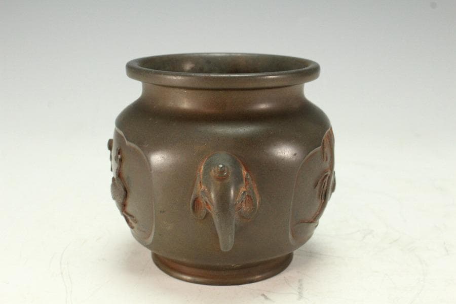 古銅 象耳 花鳥紋 香炉 古美術(K-LC956)