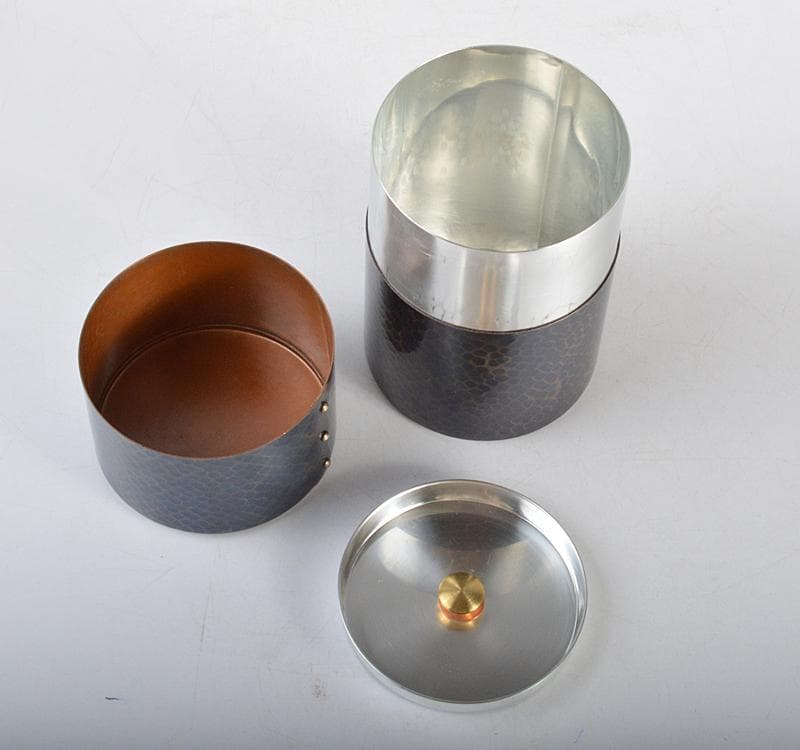 茶道具　鎚起銅器　玉川堂造　鋲打　茶筒　共箱　M　R4441