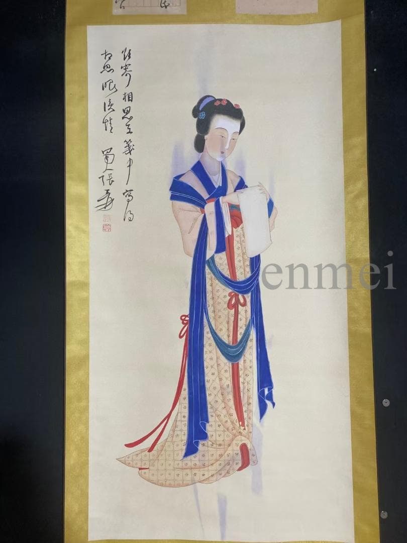 中国古美術・旧藏珍品・張大千款・仕女図・絹本・純手描き・掛軸・中堂畫・郵票落款