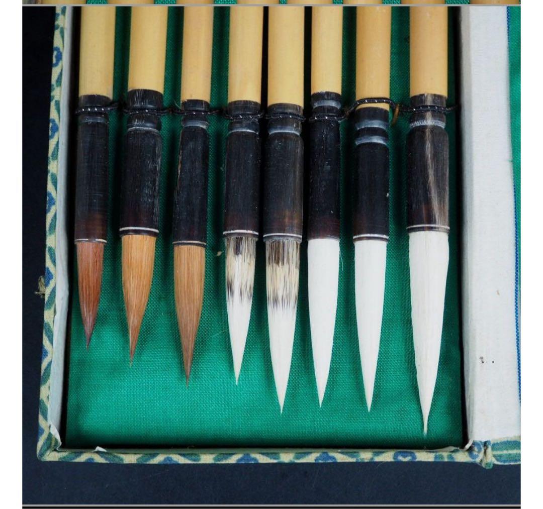 送料無料　八仙図漢詩彫　金鶏牌高級筆8本　文港筆荘　書道具