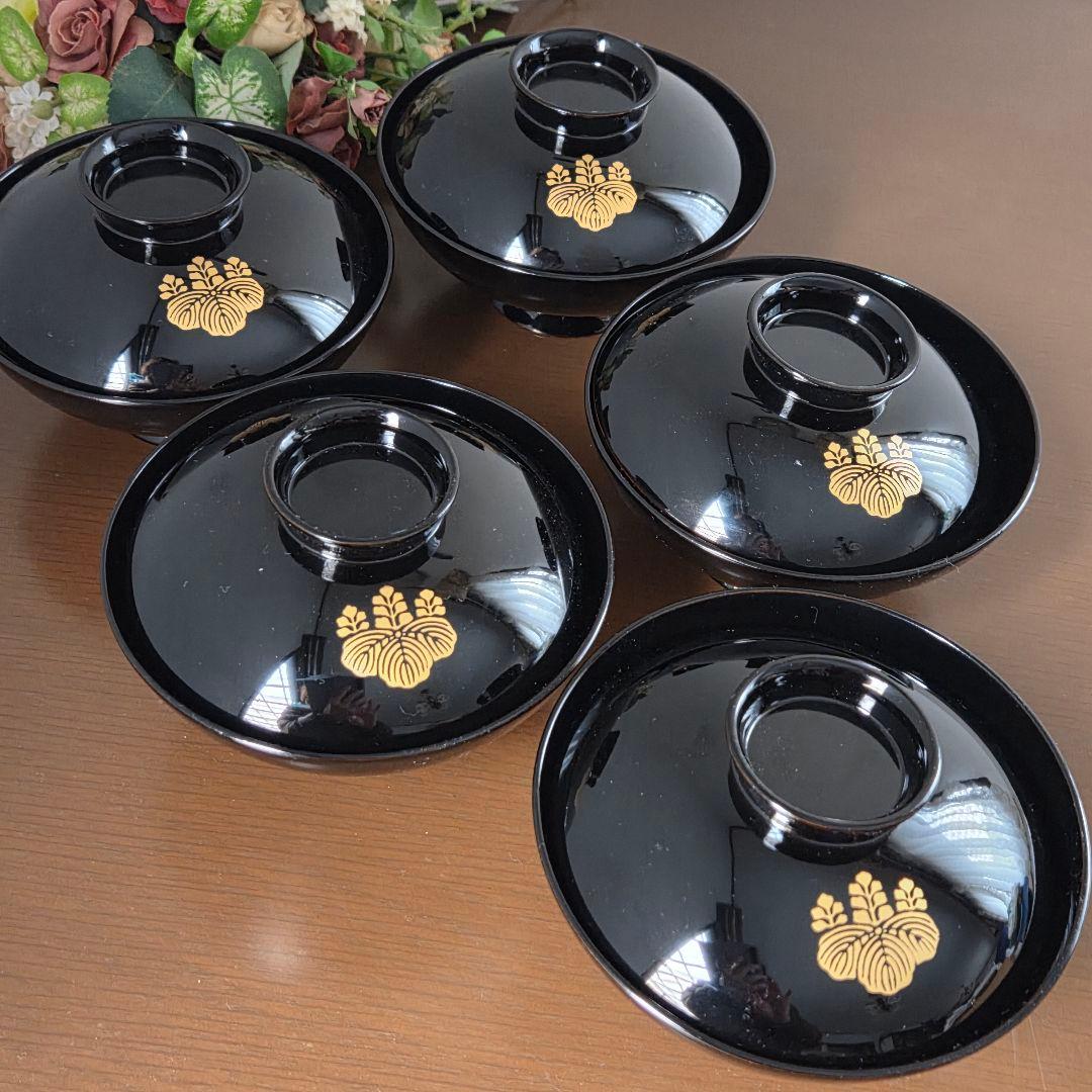 ☆家紋五三桐 輪島塗り 蓋付き椀と銘々皿と茶托の各5個セット☆