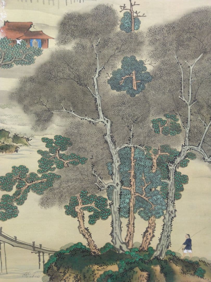 立原杏所【青緑山水図】絹本　掛軸・識箱／2重箱　(江戸時代・水戸藩士・徳川斉昭)