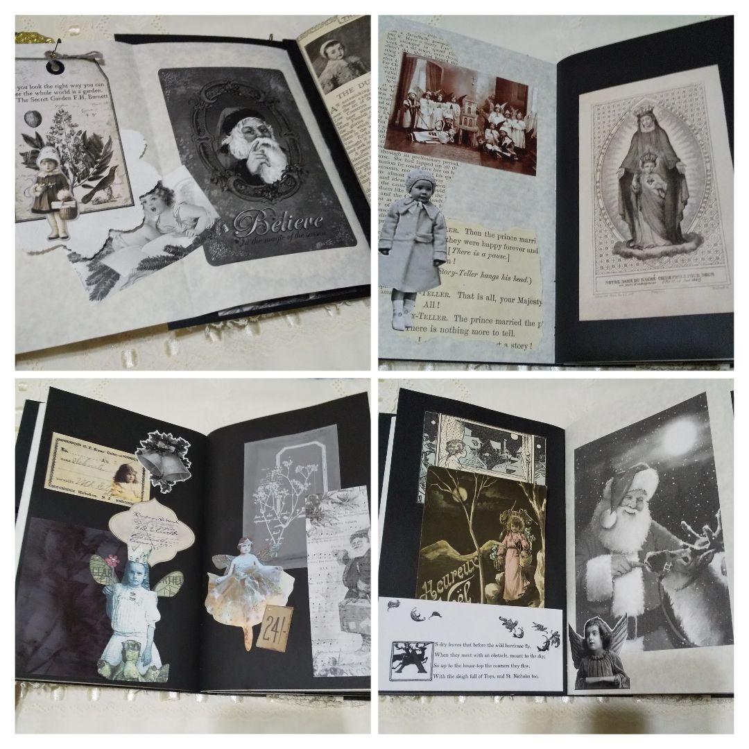 モノクロカラーのクリスマス　ジャンクジャーナル　アンティーク　レース　ビンテージ