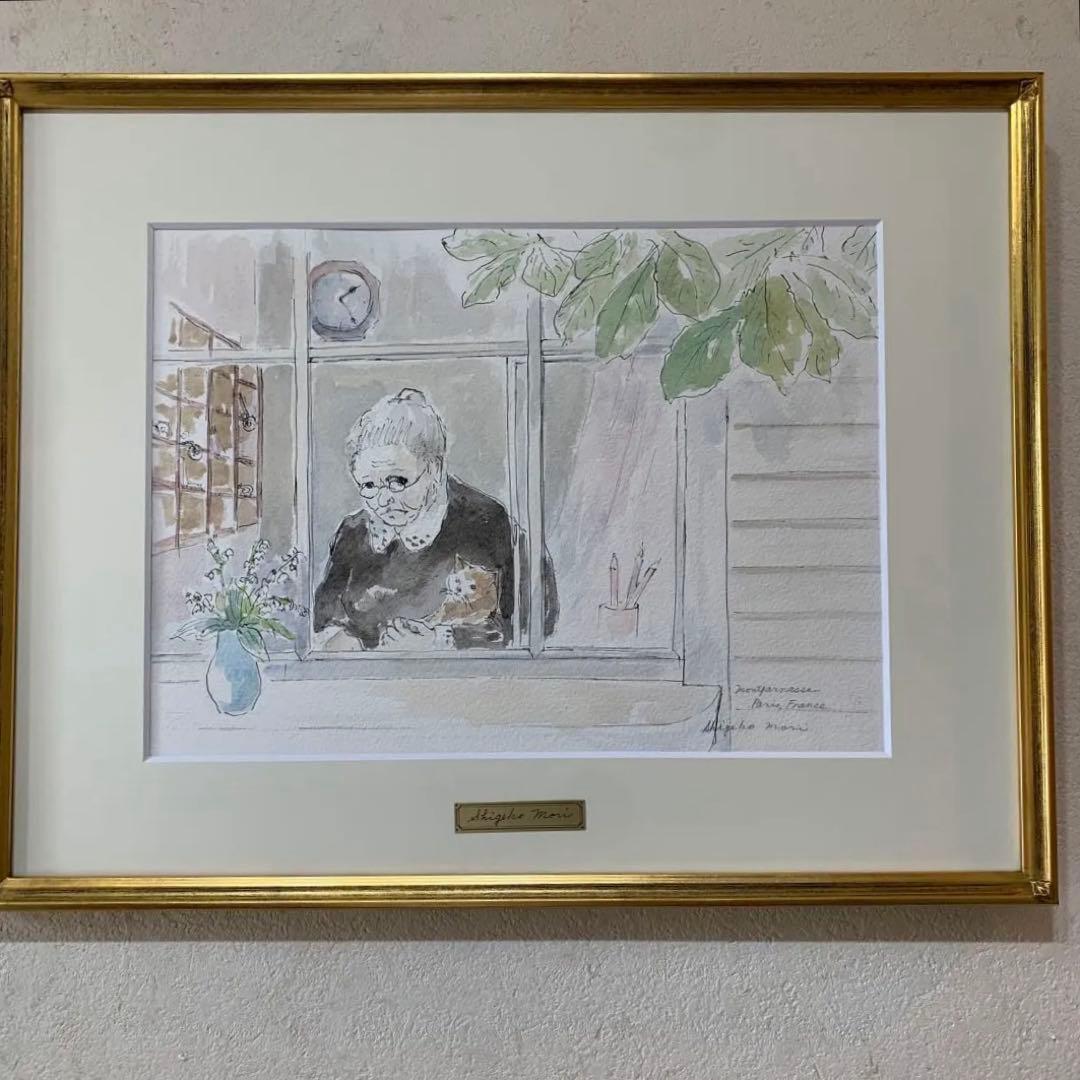 絵画　水彩肉筆画　真作　森茂子『古いホテルのコンシェルジュ（パリ）』