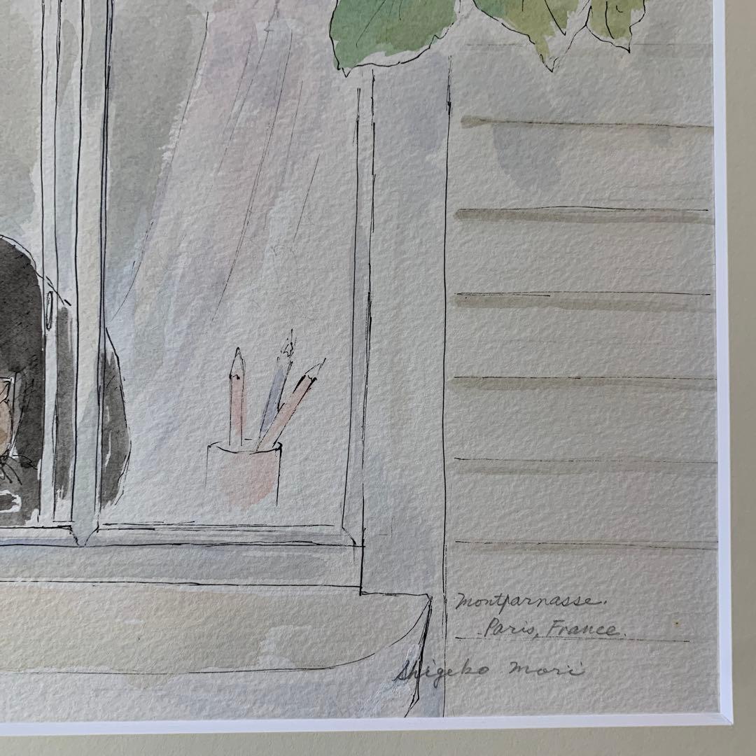 絵画　水彩肉筆画　真作　森茂子『古いホテルのコンシェルジュ（パリ）』