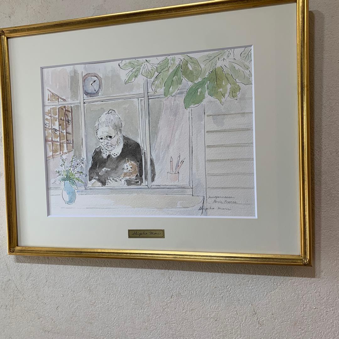 絵画　水彩肉筆画　真作　森茂子『古いホテルのコンシェルジュ（パリ）』