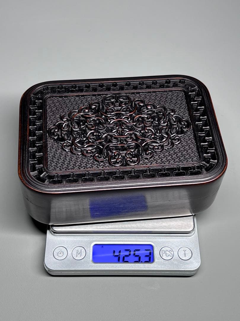 小物入れ　木製　透かし彫り　香炉？　纏枝紋　唐木紫檀　硯箱　古美術　極上彫