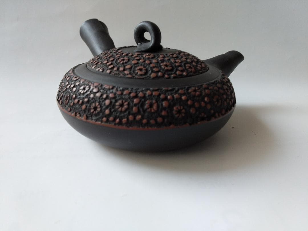 更紗常滑焼 稲葉石水 造 黒泥茶注 黒泥丸型急須 土瓶 共箱 共布 栞新品