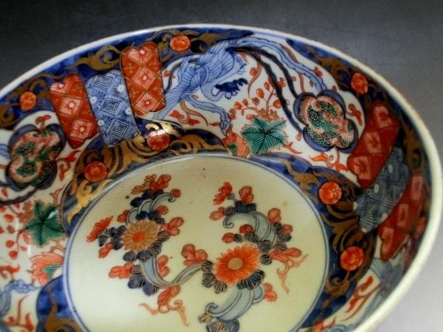 鉢■古伊万里 みごとな大鉢(江戸後期～明治期) 鳳凰紋 窓絵花唐草赤絵 骨董品■
