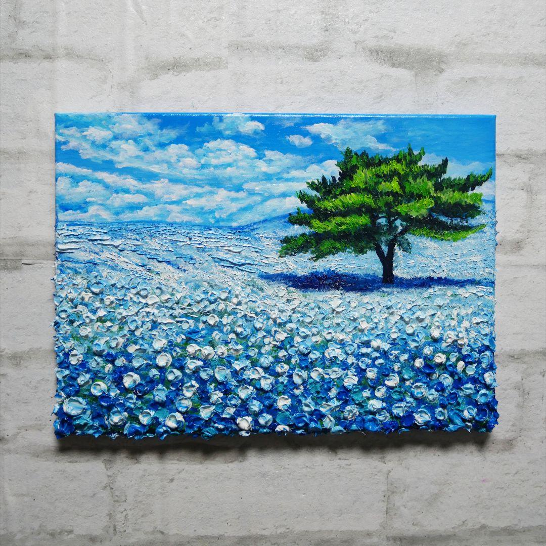 油絵 油彩 油彩画 絵 絵画 【青空のネモフィラの丘】F4号