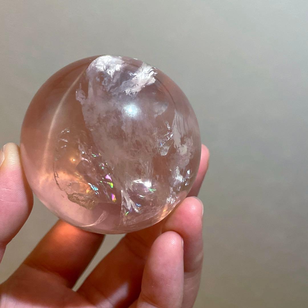 ジェムローズクォーツ　高品質　5.4㎝　スフィア　透明度　ゼリー感　サーモンピン