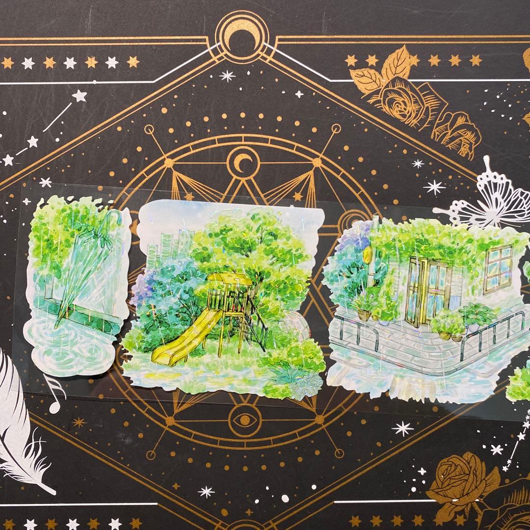 【9197】海外　マステ　中古巻　貝殻光マスキングテープ雨景色　公園　街　背景系