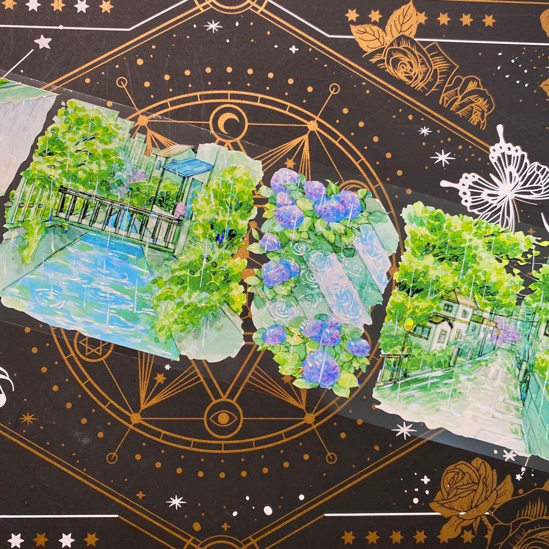 【9197】海外　マステ　中古巻　貝殻光マスキングテープ雨景色　公園　街　背景系