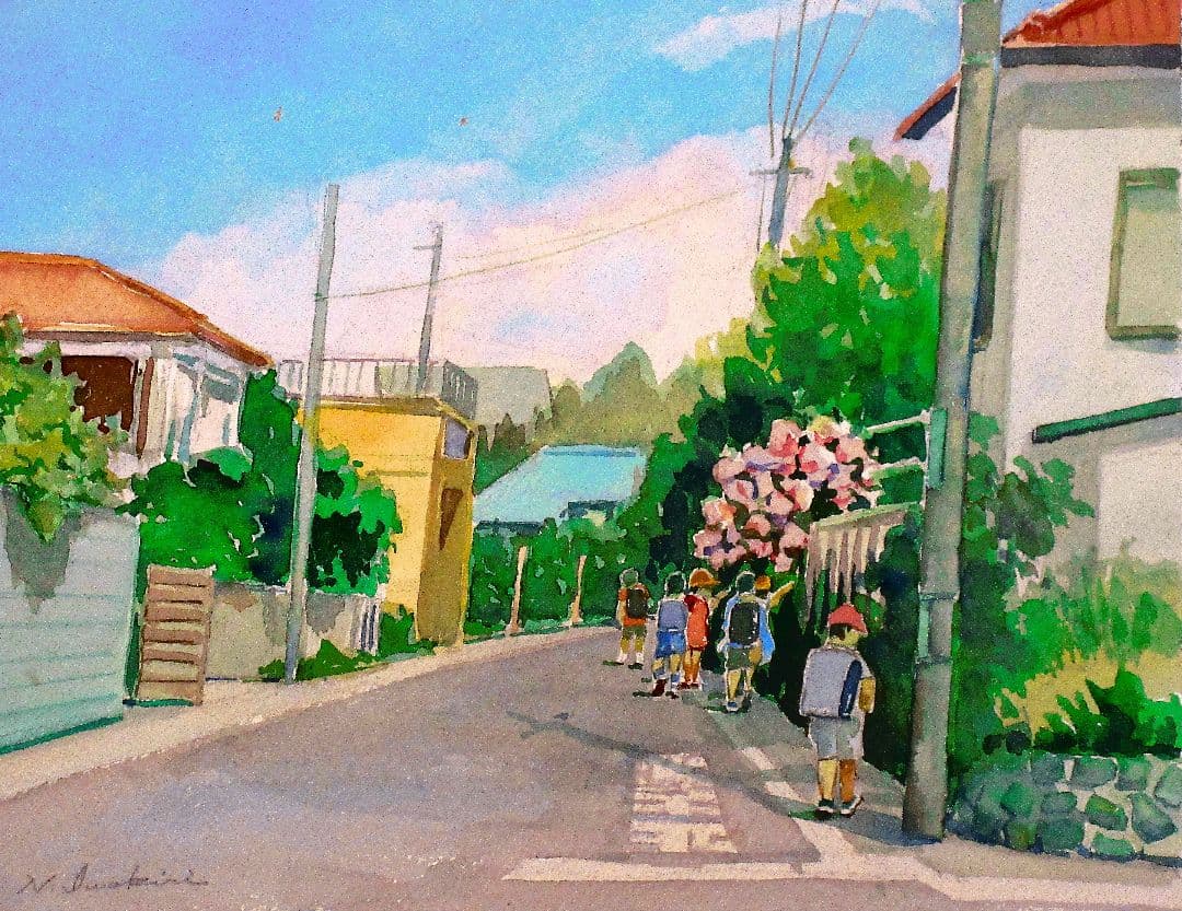 下校時間.水彩画 額縁付き