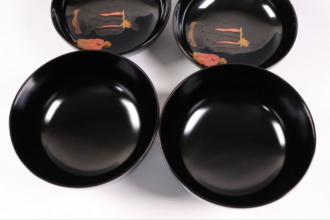 【MB195】輪島塗 天然木漆塗 黒塗椀 二客 蒔絵 大和絵 源氏絵 人物 昭和