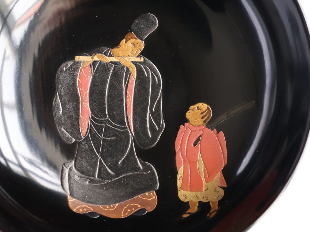 【MB195】輪島塗 天然木漆塗 黒塗椀 二客 蒔絵 大和絵 源氏絵 人物 昭和