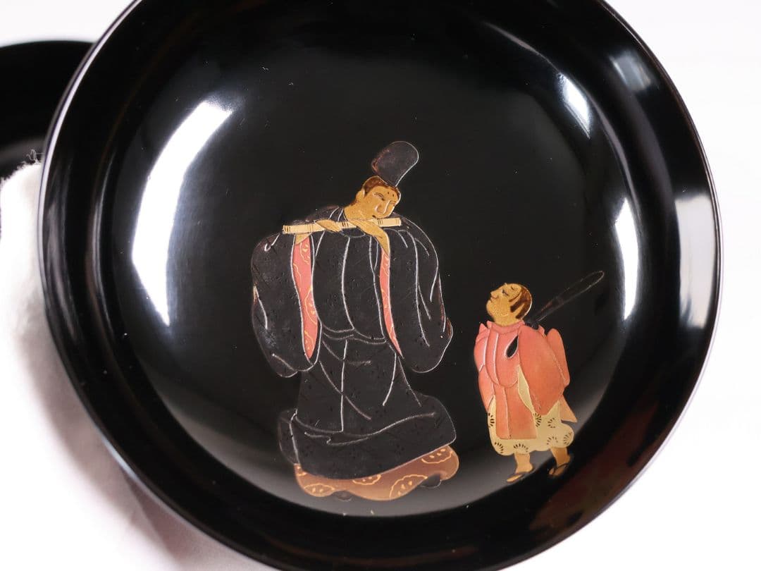 【MB195】輪島塗 天然木漆塗 黒塗椀 二客 蒔絵 大和絵 源氏絵 人物 昭和