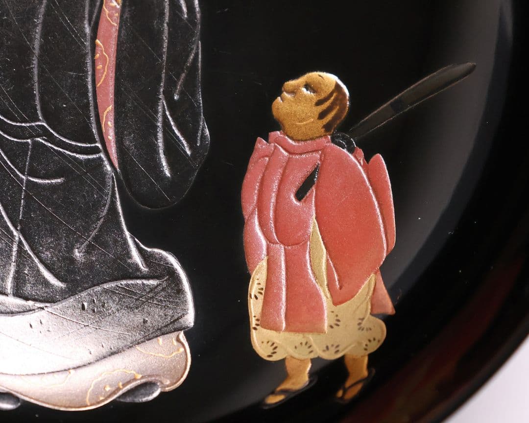 【MB195】輪島塗 天然木漆塗 黒塗椀 二客 蒔絵 大和絵 源氏絵 人物 昭和