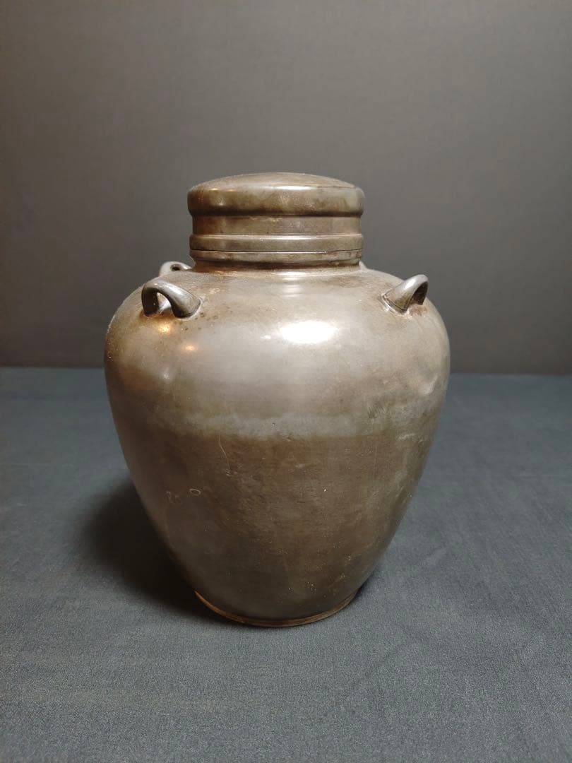 古錫 茶葉罐 藏六居造 「錫製無紋四系耳茶心壺」 茶筒 茶入 茶壷 茶道具 純錫