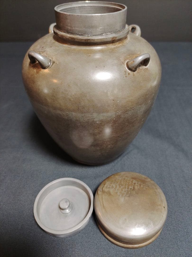 古錫 茶葉罐 藏六居造 「錫製無紋四系耳茶心壺」 茶筒 茶入 茶壷 茶道具 純錫