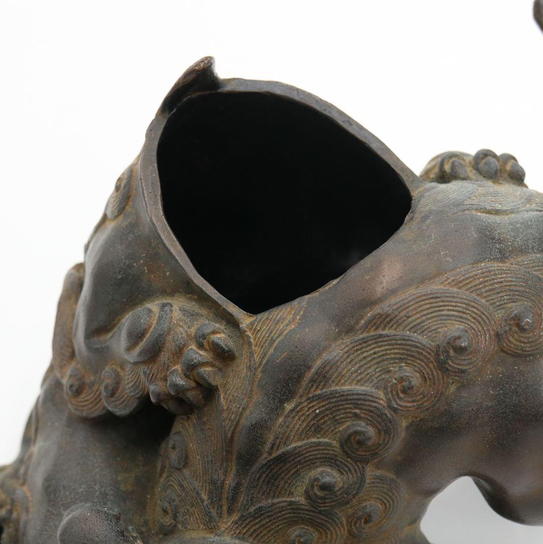 大峰作 蝋型鋳銅製 香炉 戯れ獅子 水晶 高岡銅器 置物 共箱　M588　R9y
