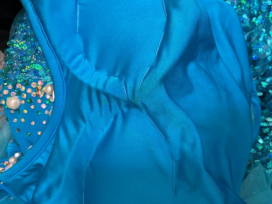 青い社交ダンスドレス スパンコール装飾