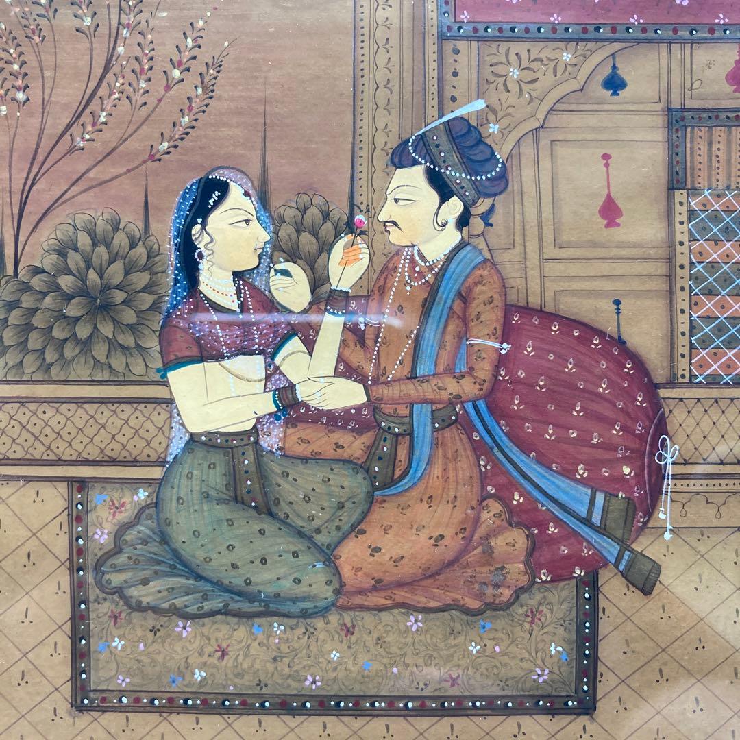 ヴィンテージ　インド　古い細密画　書き込みの良し額42×33絵22.5×13cm