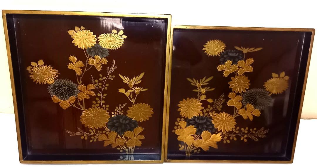 【最終価格】【時代物:文政1825年】金蒔絵 草花文 角盆 2枚揃 共箱　封書付