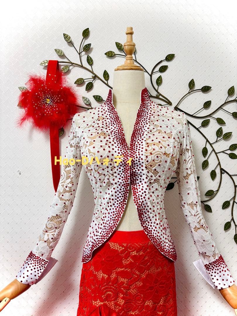 新品★ラテンドレス★伸縮★M★社交ダンス★セット★競技会★白赤