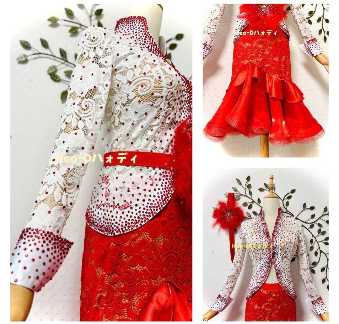 新品★ラテンドレス★伸縮★M★社交ダンス★セット★競技会★白赤