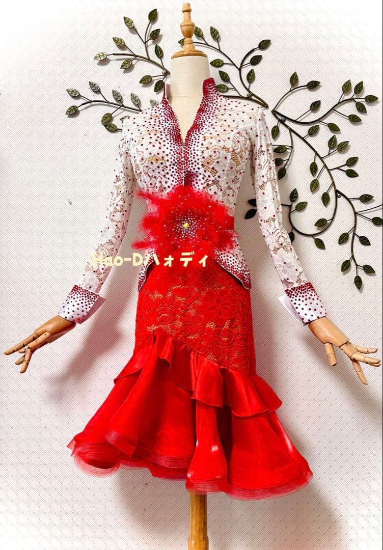 新品★ラテンドレス★伸縮★M★社交ダンス★セット★競技会★白赤