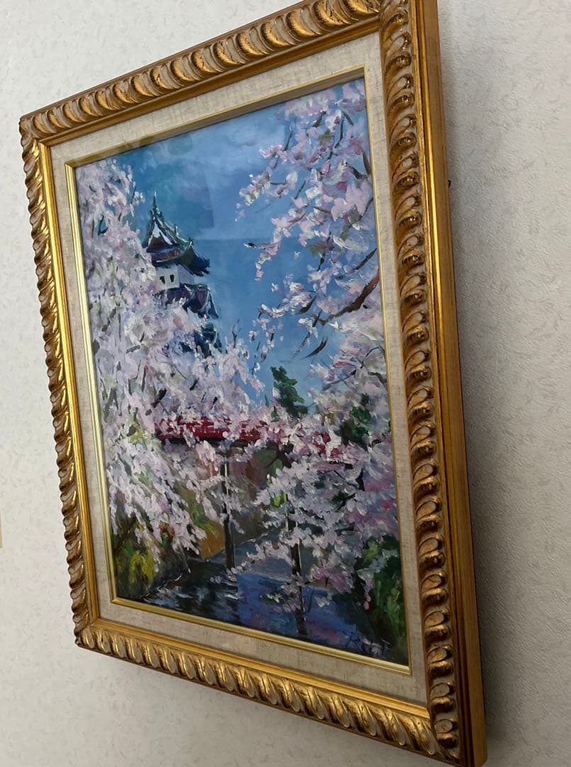 油絵　桜　春　お城　額入り
