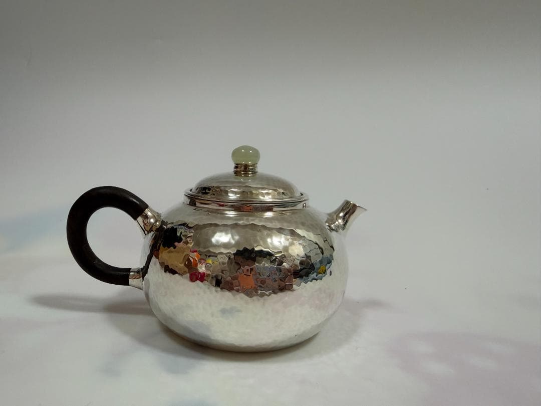 純銀製 丸形 鎚目 玉石摘 急須 銀瓶 煎茶道具