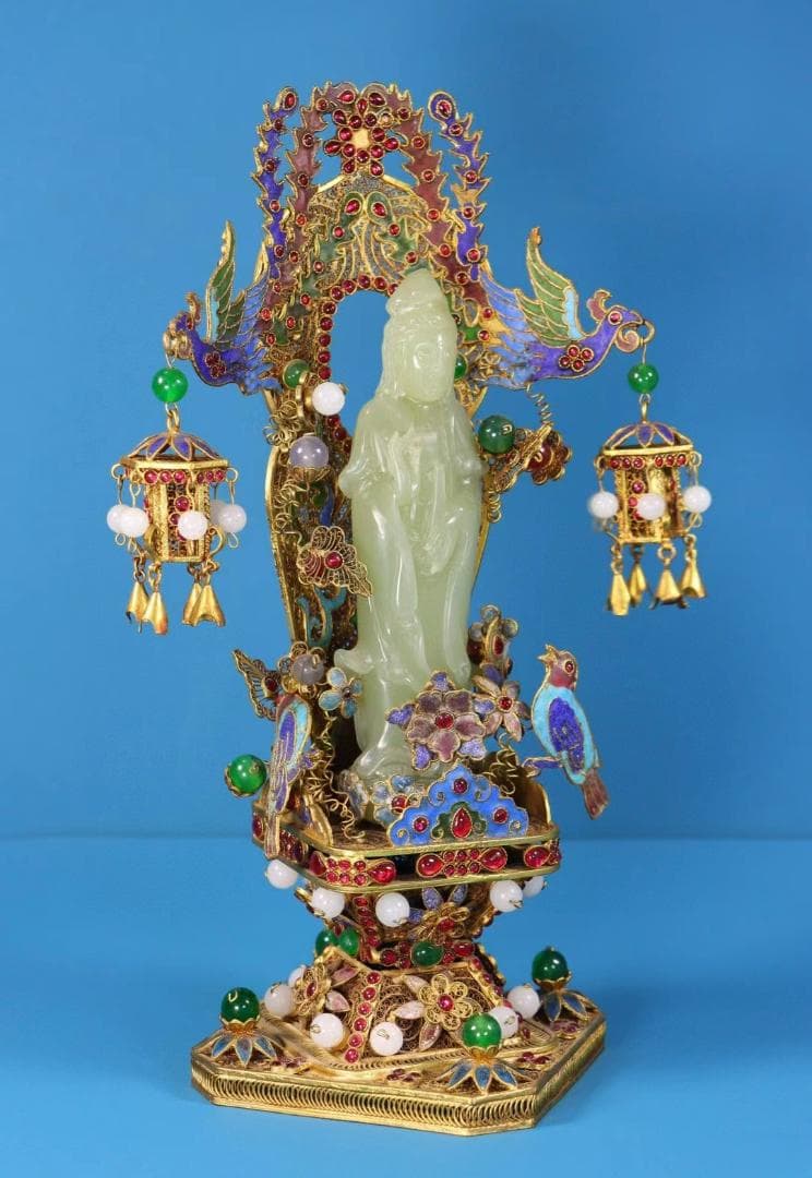 中国古美術・珍品旧蔵・和田玉・掐絲鎏金観音像・置物・純手作り・風水開運・供養仏像