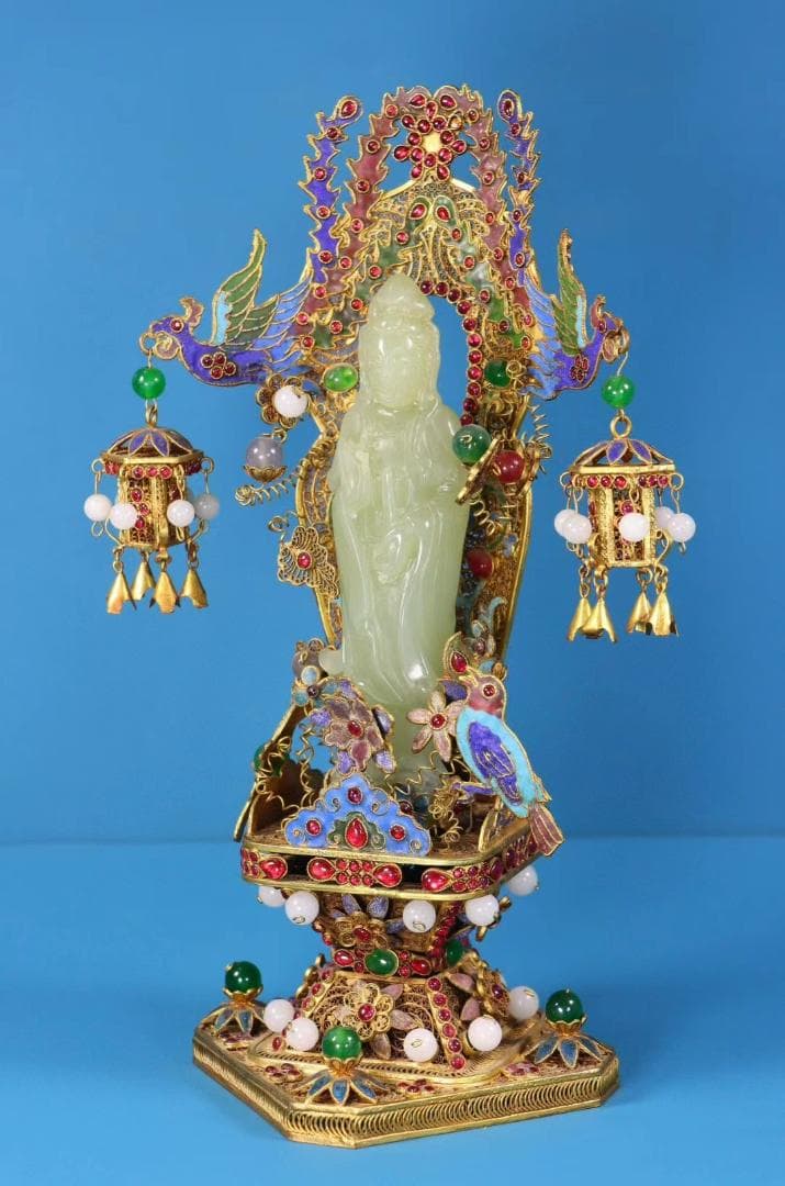 中国古美術・珍品旧蔵・和田玉・掐絲鎏金観音像・置物・純手作り・風水開運・供養仏像
