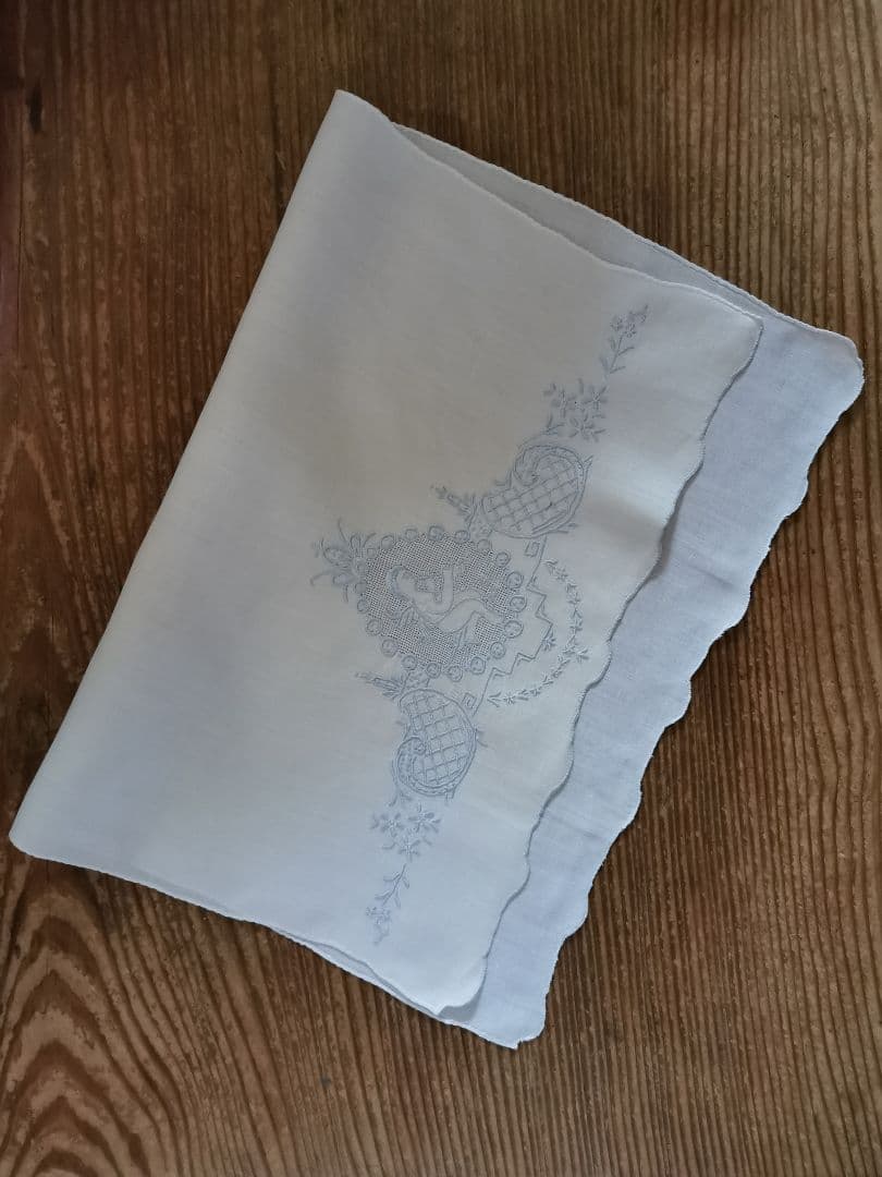 アンティーク アペンツェル刺繍レース 笛を吹く天使 ブルーニードルワーク クロス