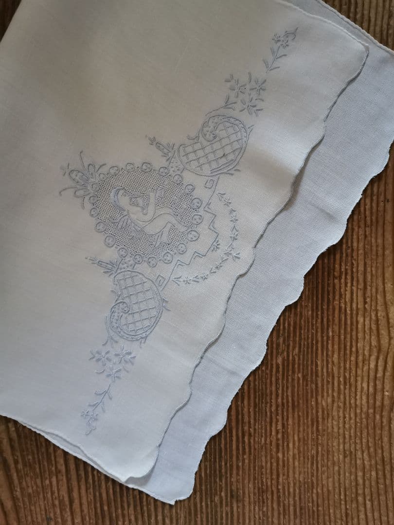 アンティーク アペンツェル刺繍レース 笛を吹く天使 ブルーニードルワーク クロス
