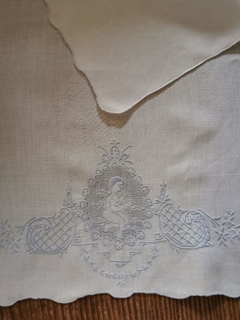 アンティーク アペンツェル刺繍レース 笛を吹く天使 ブルーニードルワーク クロス