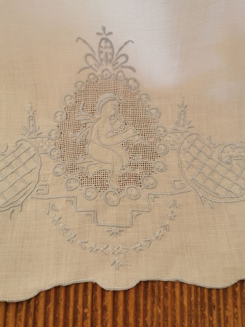 アンティーク アペンツェル刺繍レース 笛を吹く天使 ブルーニードルワーク クロス