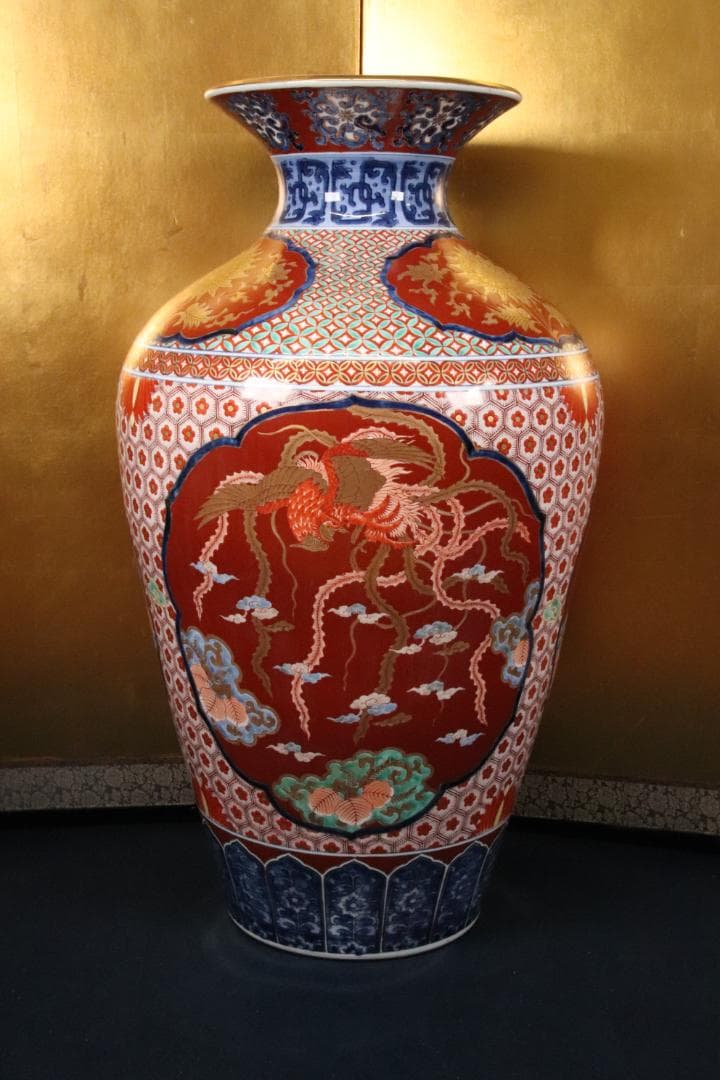 BE688　有田焼 松右衛門 作　染錦鳳凰　花瓶　花入　大型　高さ74㎝　共箱