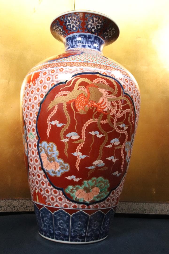 BE688　有田焼 松右衛門 作　染錦鳳凰　花瓶　花入　大型　高さ74㎝　共箱